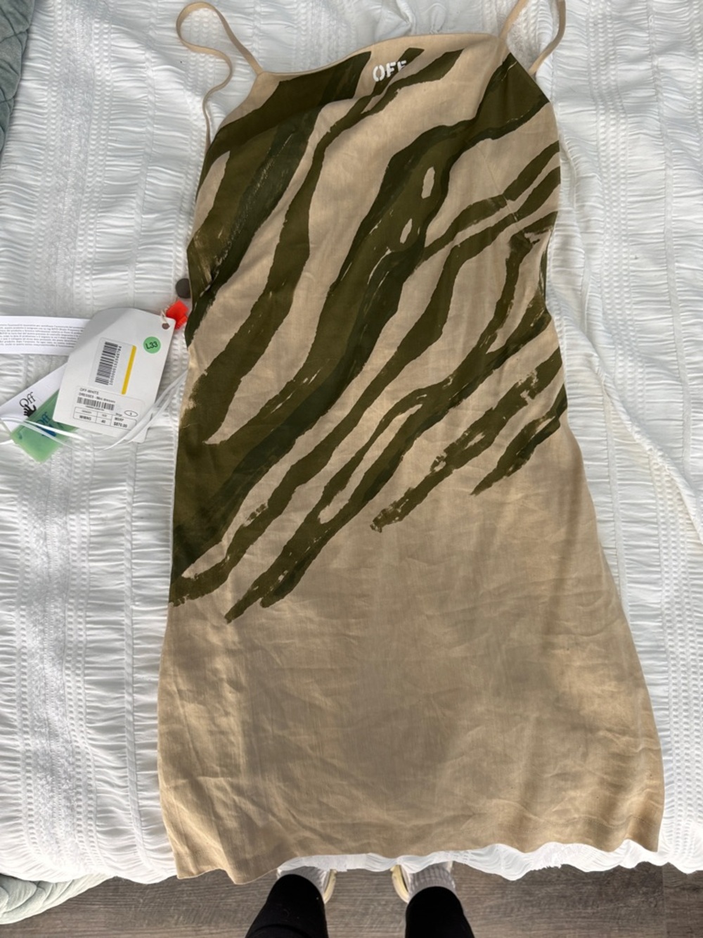 Off-White Olive and Beige Abstract Stripe Slip Skirt